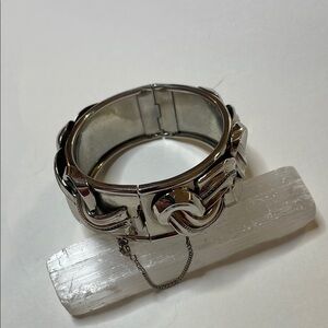 Vintage Unsigned Silver Tone Cuff Abstract Design Bracelet With Safety Chain